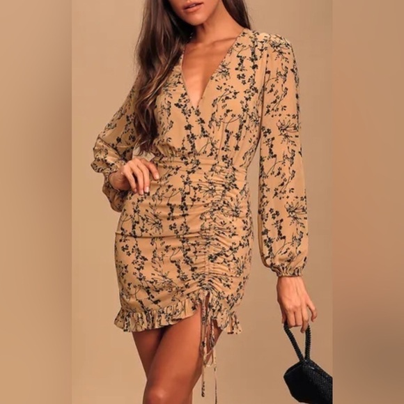 Lulus One True Love Taupe Floral Print Ruched Long Sleeve Mini Dress Small - Picture 16 of 16